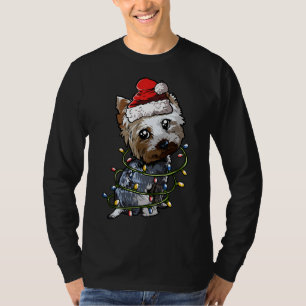 Camiseta Cut Yorkshire Terrier Papai noel as luzes das árvo
