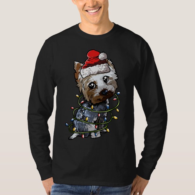 Camiseta Cut Yorkshire Terrier Papai noel as luzes das árvo (Frente)