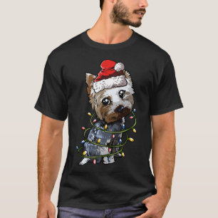 Camiseta Cut Yorkshire Terrier Papai noel as luzes das árvo