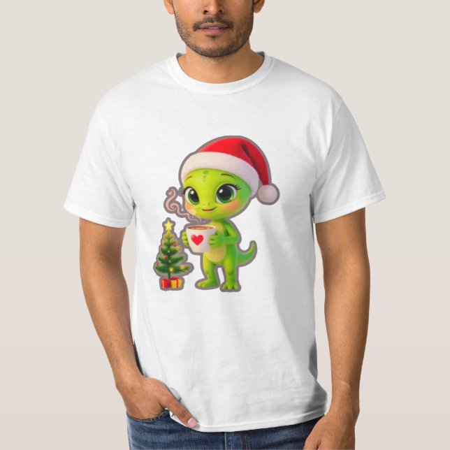 Camiseta **Cute 3D Green Alien in Santa Hat with Hot Chocol (Frente)