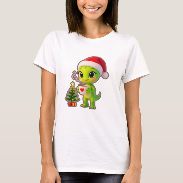 Camiseta **Cute 3D Green Alien in Santa Hat with Hot Chocol (Frente)
