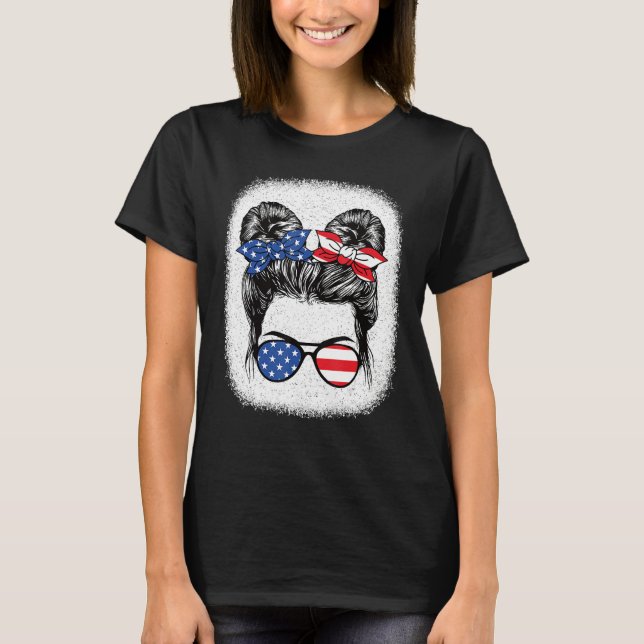 Camiseta Cute 4th Of July Messy Bun Girl American Flag Patr (Frente)