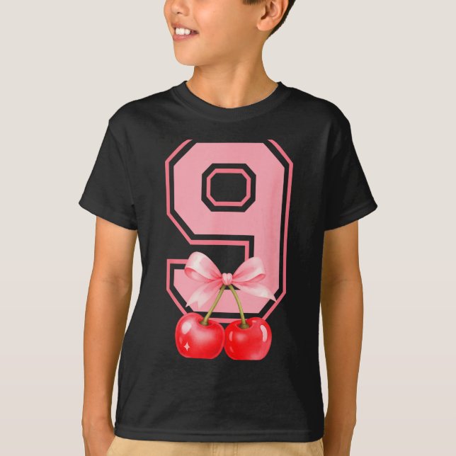 Camiseta Cute 9th Birthday Girl Nk Cherry Coquette Bow 9 Ye (Frente)