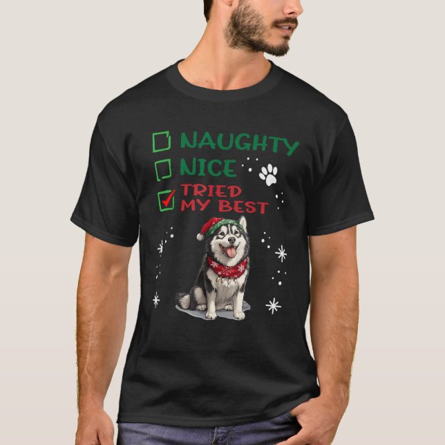 Camiseta Cute Alaskan Malamute Dog Christmas Naughty Nice T (Frente)