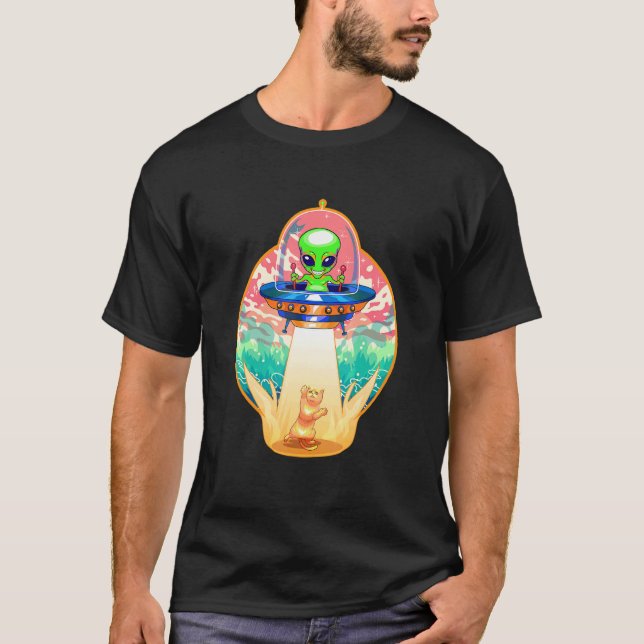 Camiseta Cute Alien Cat Abduction Flying Spaceship UFO Kitt (Frente)
