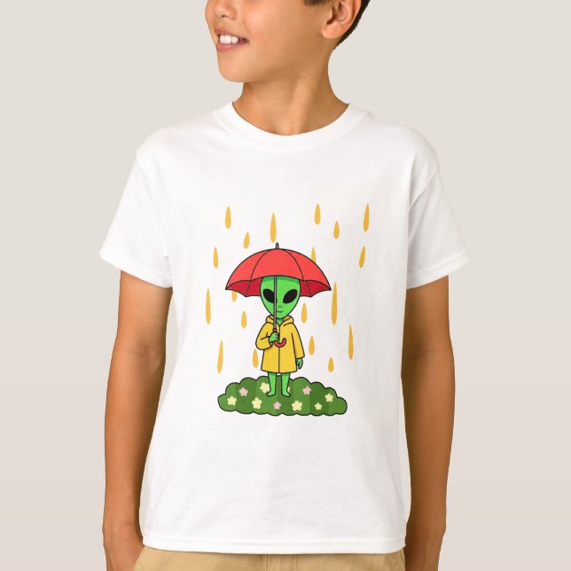 Camiseta Cute Alien With Umbrella in Rain Kawaii Character (Frente)