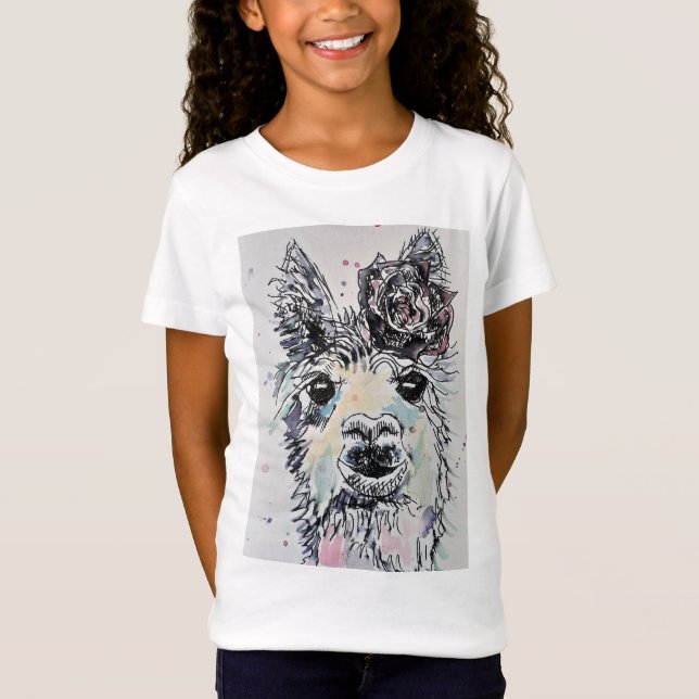 Camiseta Cute Alpacca Llama watercolor art Girls T Shirt (Frente)