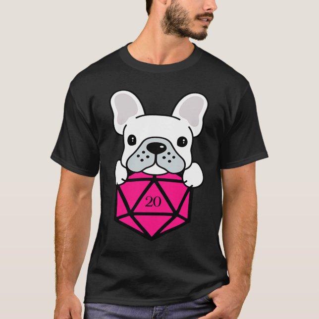 Camiseta Cute and Nerdy Dog Pink Polyhedral D20 Dice Set (Frente)