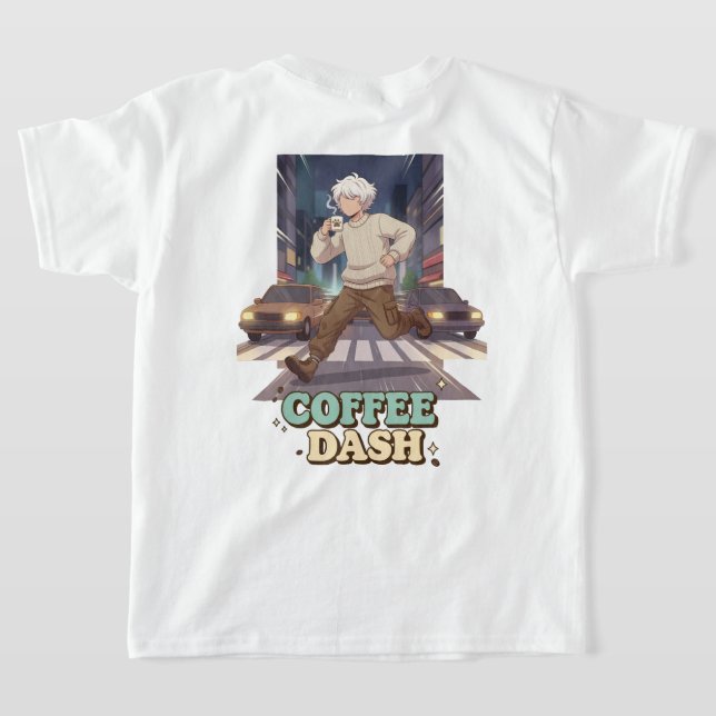 Camiseta Cute Anime Boy Running in the City with Coffee (Postura das costas)