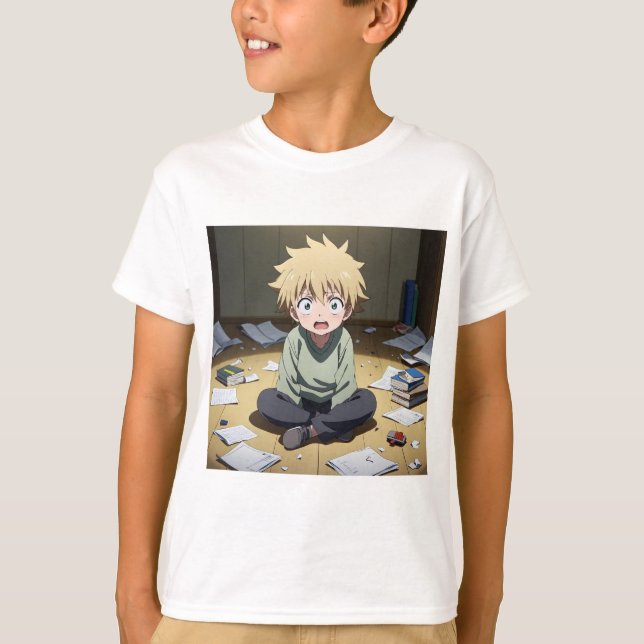 Camiseta Cute Anime Boy Surprised in Messy Room – Emotional (Frente)