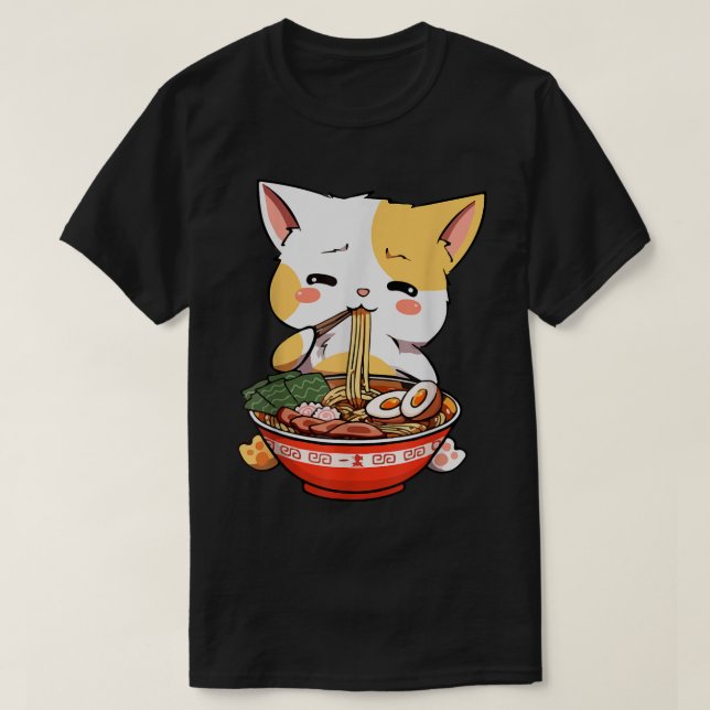 Camiseta Cute Anime Cat Eating Ramen (Frente do Design)