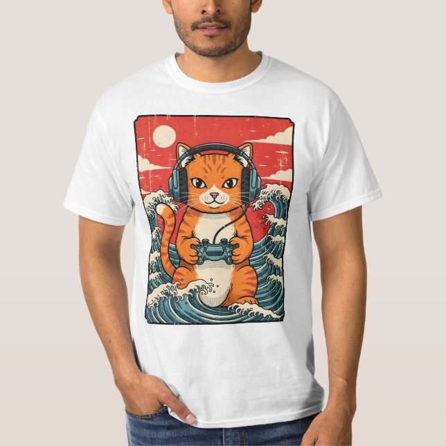 Camiseta Cute Anime Gamer Cat Japanese Gaming Retro (Frente)