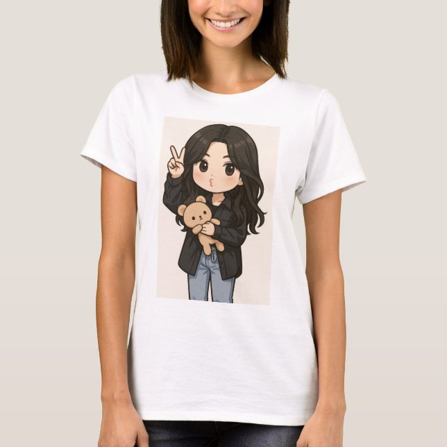 Camiseta Cute Anime Girl with teddy bear peace sign T-Shirt (Frente)