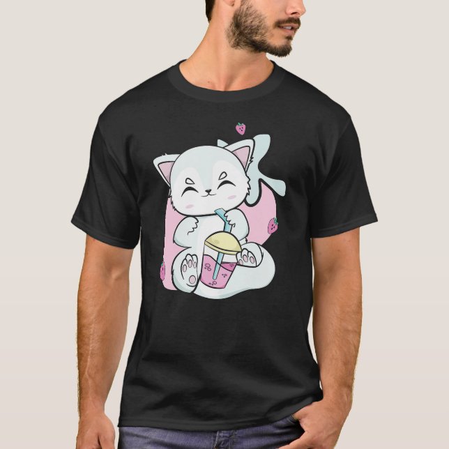 Camiseta Cute Arctic Fox Drinks Strawberry Milk And Boba Bu (Frente)