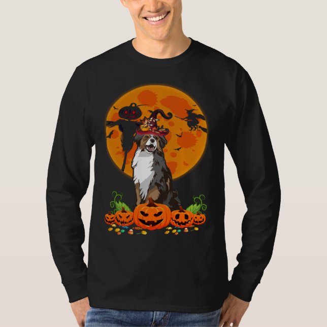 Camiseta Cute Australian Shepherd Dog Witch Pumpkin Hallowe (Frente)