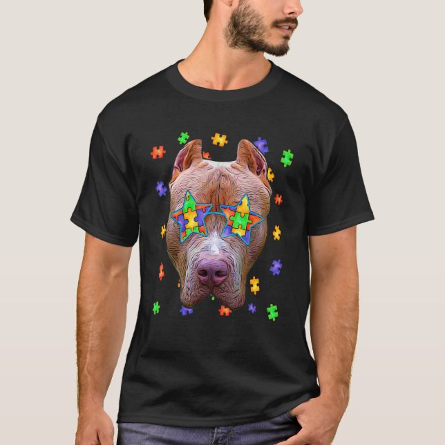 Camiseta Cute Autism Pitbull Cachorros Quebra-cabeça Óculos (Frente)