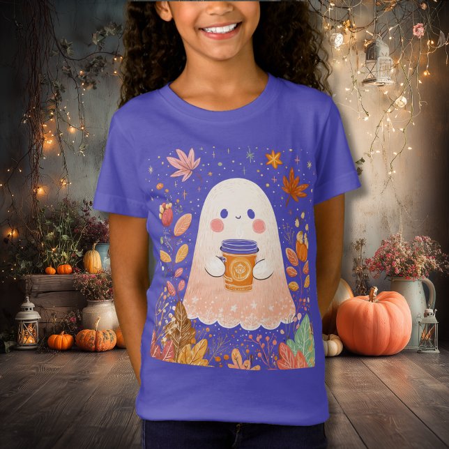 Camiseta Cute Autumn Ghost com Pumpkin Coffee – Cozy Fall  (Criador carregado)