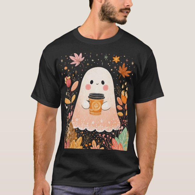 Camiseta Cute Autumn Ghost with Pumpkin Coffee – Cozy Fall  (Frente)