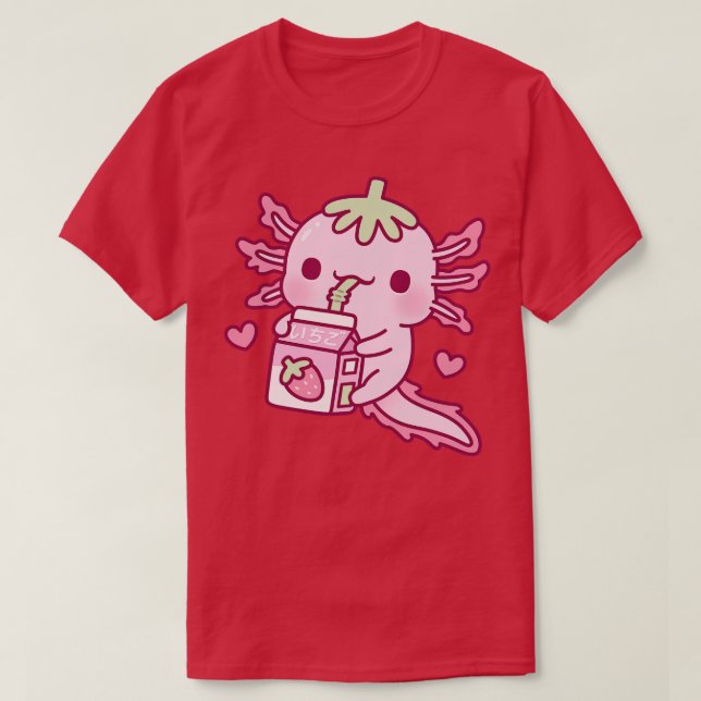 Camiseta Cute Axolotl ama leite de morango Bebendo (Frente do Design)