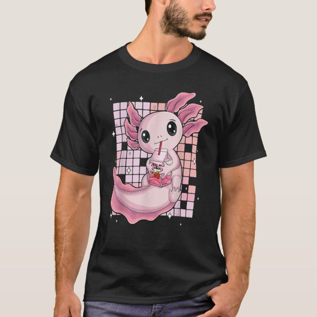 Camiseta Cute Axolotl Drinking Strawberry Milk Bubble Tea O (Frente)