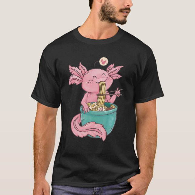 Camiseta Cute Axolotl Lover Snaxolotl Comendo Ramen Kawaii  (Frente)