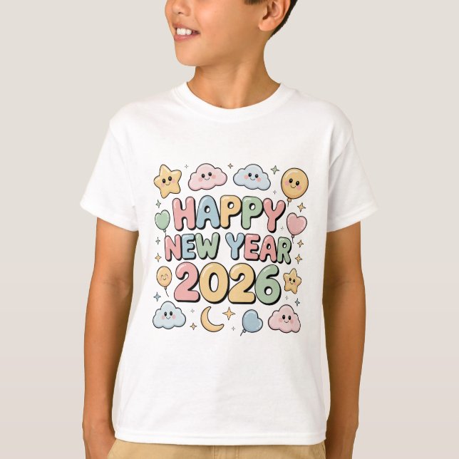 Camiseta Cute Baby Cartoon New Year 2026 Illustration (Frente)