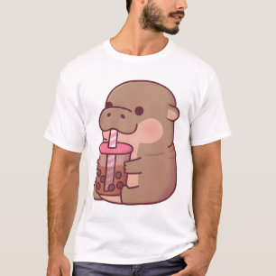 Camiseta Cute Baby Hippo Bebendo Boba Tea