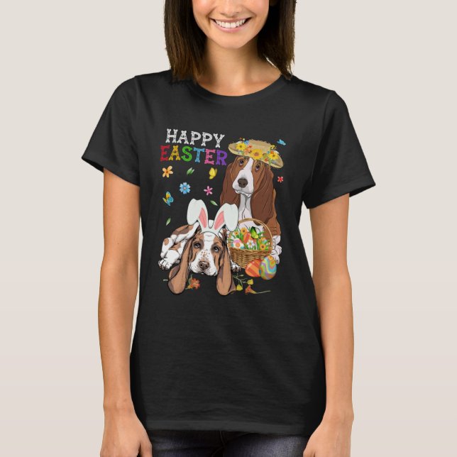 Camiseta Cute Basset Hound Dogs Easter Egg Basket Happy Eas (Frente)