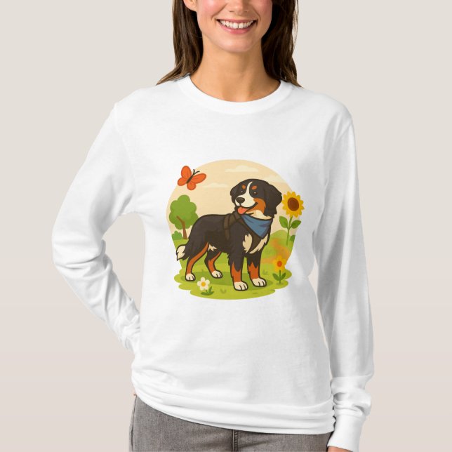 Camiseta Cute Bernese Mountain Dog with Sunflower & Butterf (Frente)