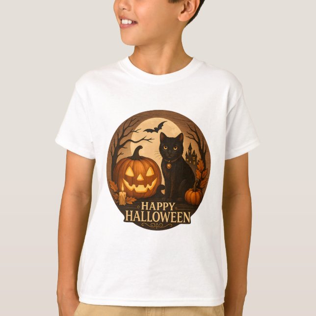 Camiseta Cute Black Cat and Pumpkin | Happy Halloween Art (Frente)