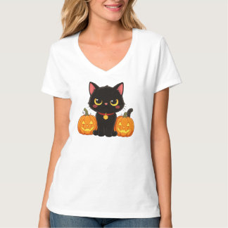 Camiseta Cute Black Cat and Pumpkins Halloween