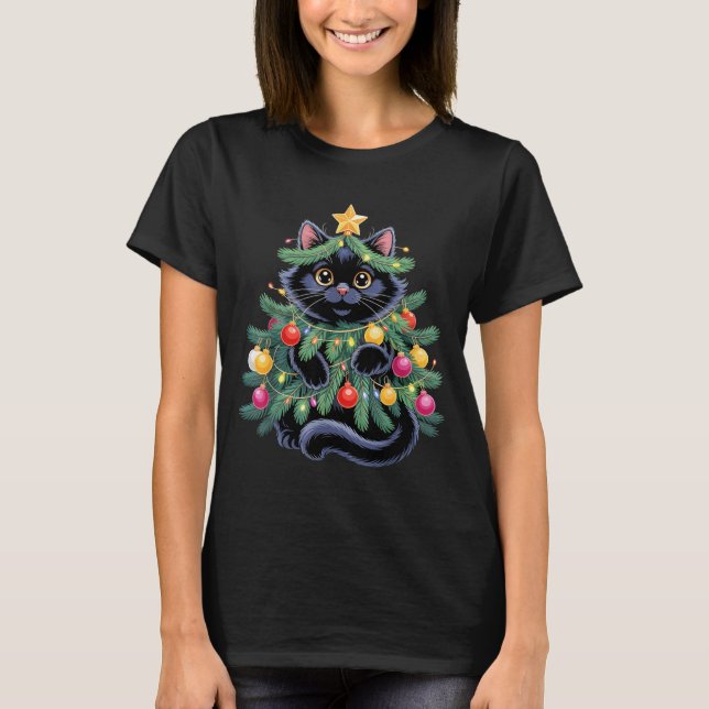 Camiseta Cute Black Cat Christmas Tree Funny Kitten Lover X (Frente)