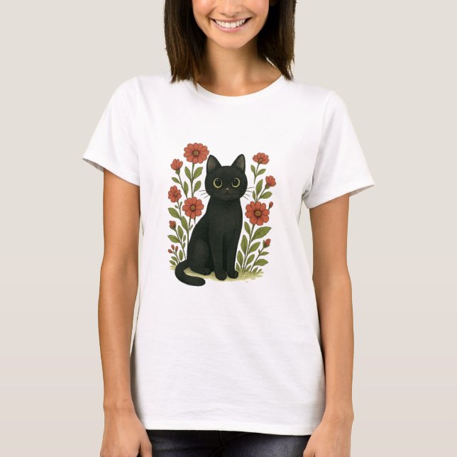 Camiseta Cute Black Cat & Flower Garden Women’s Tee (Frente)