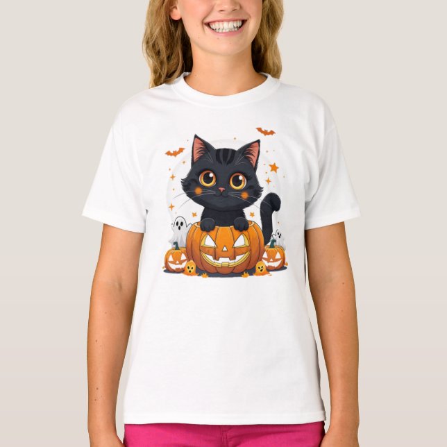 Camiseta Cute Black Cat Halloween Kawaii Cat (Frente)