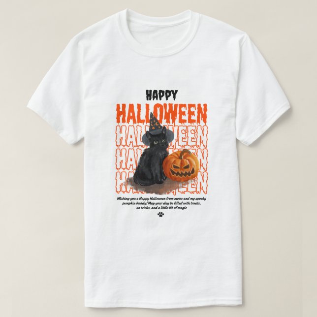 Camiseta Cute Black Cat Halloween T-Shirt – Spooky Pumpkin  (Frente do Design)