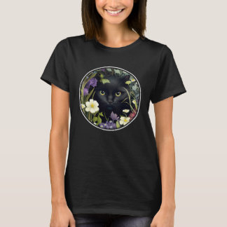 Camiseta Cute Black Cat Hiding in Spring Flowers Aesthetic 