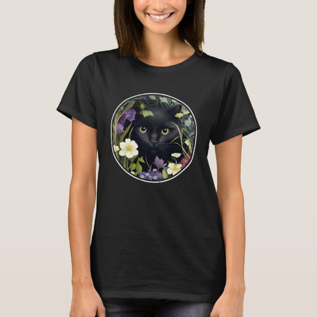 Camiseta Cute Black Cat Hiding in Spring Flowers Aesthetic  (Frente)
