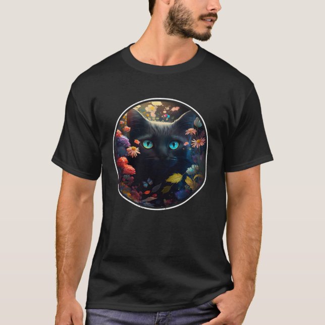 Camiseta Cute Black Cat Hiding in Spring Flowers Aesthetic  (Frente)