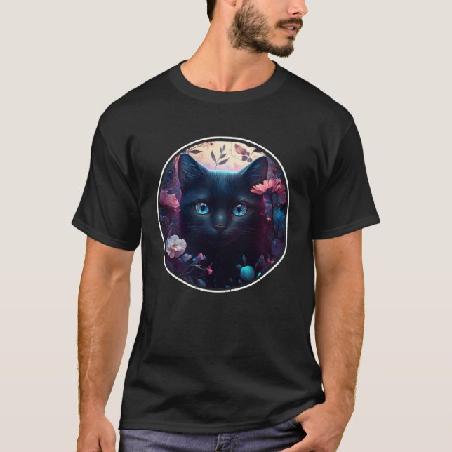 Camiseta Cute Black Cat Hiding in Spring Flowers Aesthetic  (Frente)