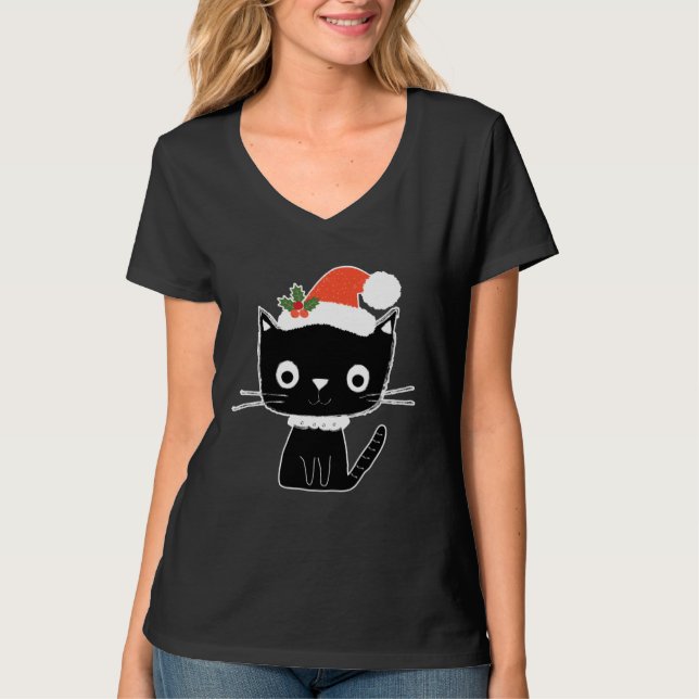 Camiseta Cute Black Cat in Santa Claus Hat (Frente)