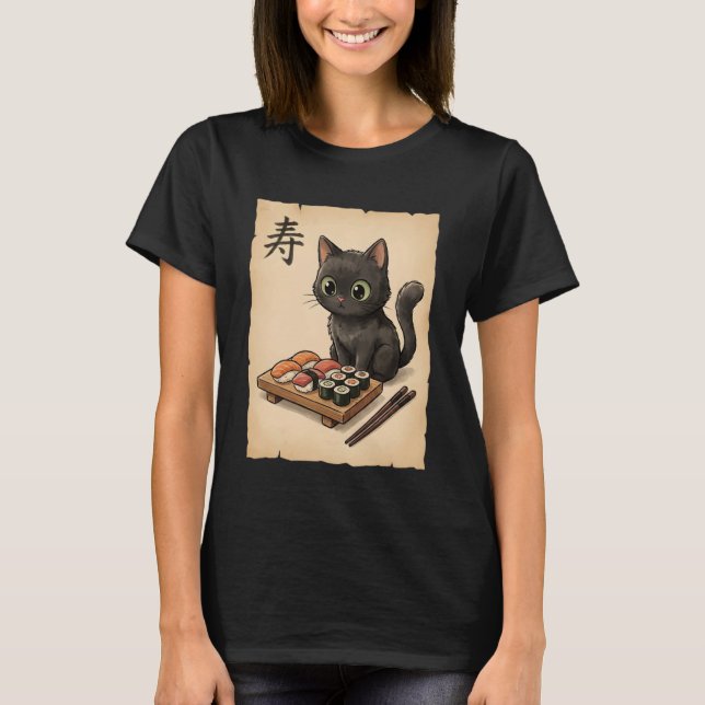 Camiseta Cute Black Cat Sushi Cartoon Japanese Kawaii Anime (Frente)