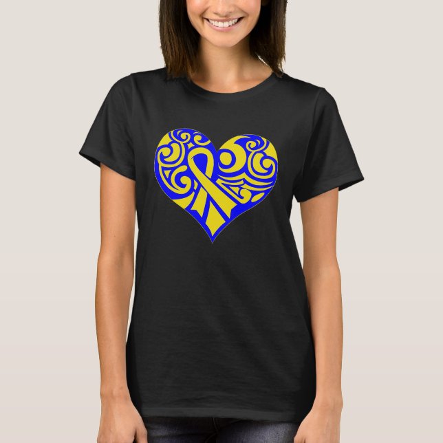 Camiseta Cute Blue and Yellow Ribbon Down Syndrome Awarenes (Frente)