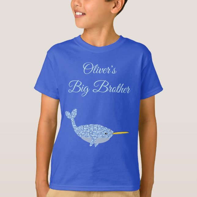 Camiseta Cute Blue Baby Boy Narwhale Personalizado Irmão Gr (Frente)