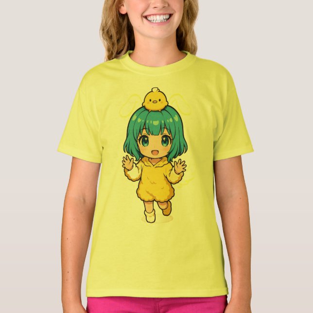 Camiseta Cute Blue-Haired Chibi Girl in Chick T-Shirt (Frente)