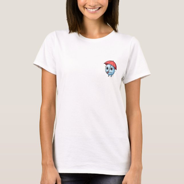 Camiseta Cute Blue Raindrop Character Holding Red Umbrella (Frente)