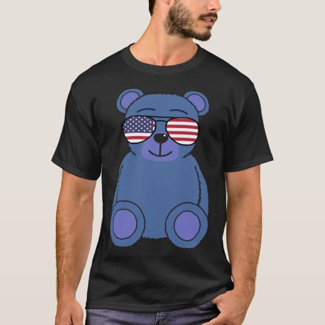 Camiseta Cute Blue Teddy Bear Sunglasses 4th of July Men Wo (Frente)