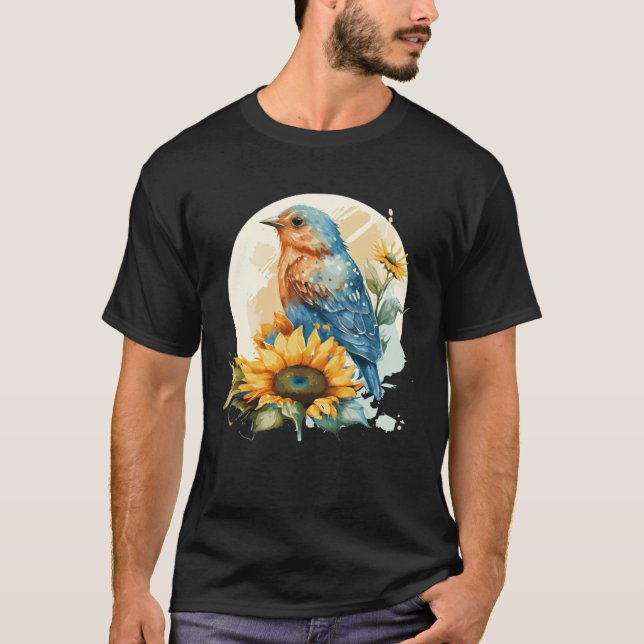 Camiseta Cute Bluebird Sunflower Birding Bird (Frente)