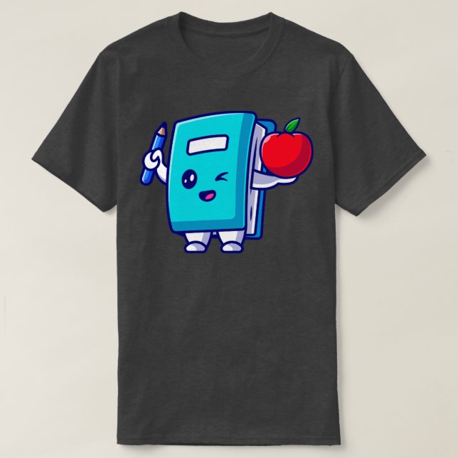 Camiseta Cute Book Segurando Lápis E Cartoon De Maçã (Frente do Design)