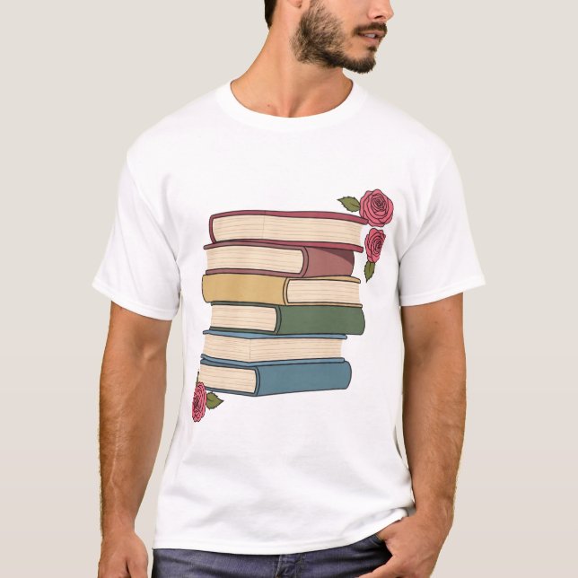 Camiseta Cute Book Stack with Roses (Frente)