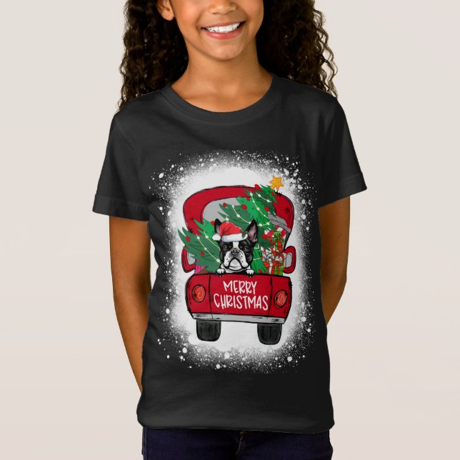 Camiseta Cute Boston Terrier Red Truck Feliz Natal Blea (Frente)